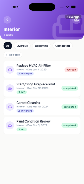 HomeSturdy task list showing overdue, upcoming and completed maintenance
